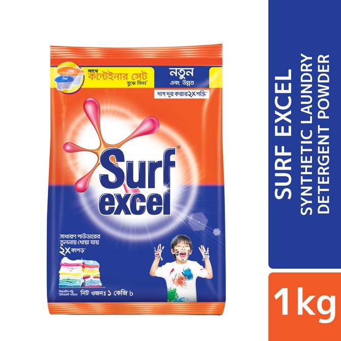 Surf Excel Synthetic Laundry Detergent Powder 1kg with Container free