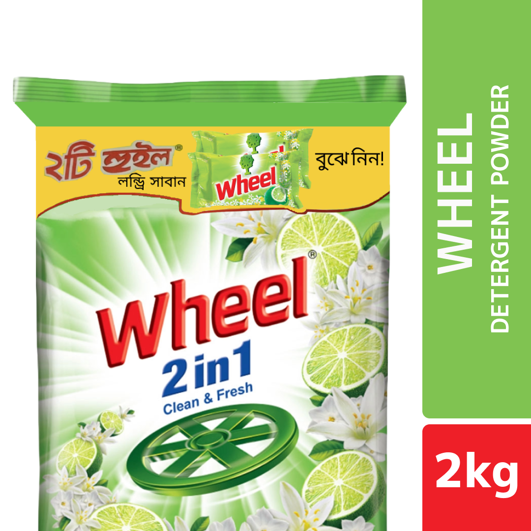 Wheel Washing (Detergent) Powder 2in1 Clean & Fresh 2Kg Get 2(75g+23g Extra laundry Bar Free)