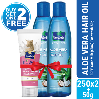 Parachute Hair Oil Advansed Aloe Vera Enriched Coconut 250ml Double Pack (FREE Goat Milk Facewash - GLOW - 50gm)