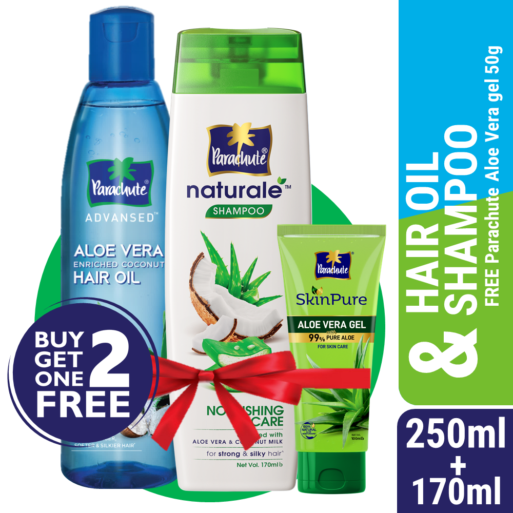 Parachute Hair Oil Advansed Aloe Vera Enriched Coconut 250ml + Parachute Naturale Shampoo Nourishing Care 170ml (Free SkinPure Aloe Vera Gel 50g)