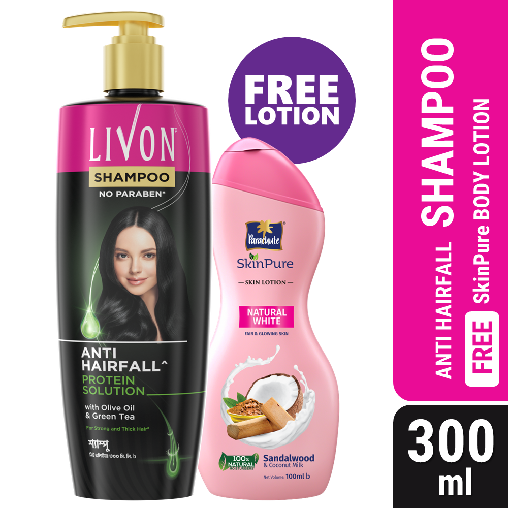 Livon Anti Hairfall Protein Shampoo 300ml (FREE Parachute SkinPure Skin Lotion Natural White 100ml)