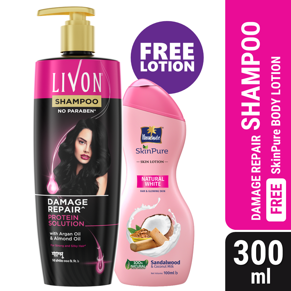 Livon Damage Repair Protein Shampoo 300ml (FREE Parachute SkinPure Skin Lotion Natural White 100ml)