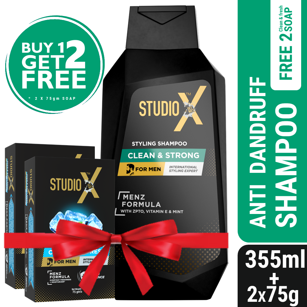 Studio X Clean & Strong Shampoo for Men 355ml (75gm X 2 Soap Free)