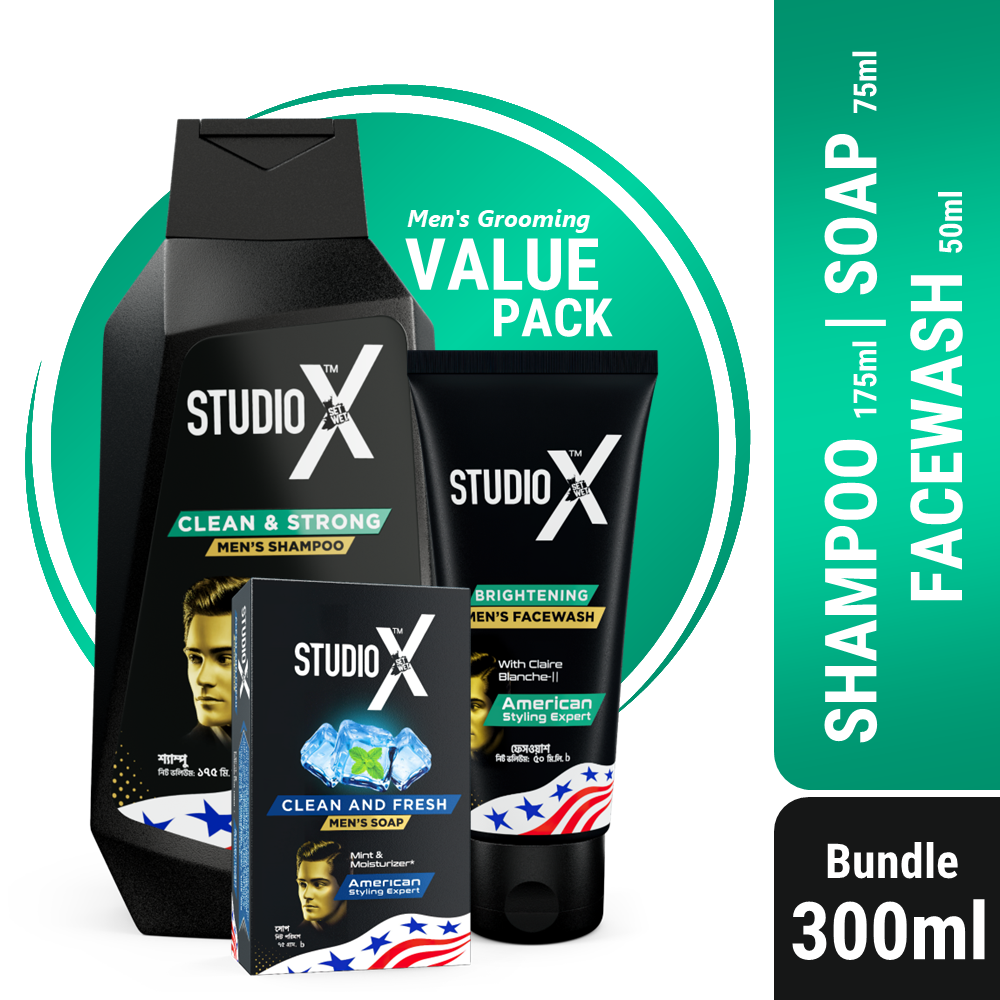 Studio X Men`s Grooming Bundle Pack (Small) - Shampoo 175ml + Facewash 50ml + Soap 75g