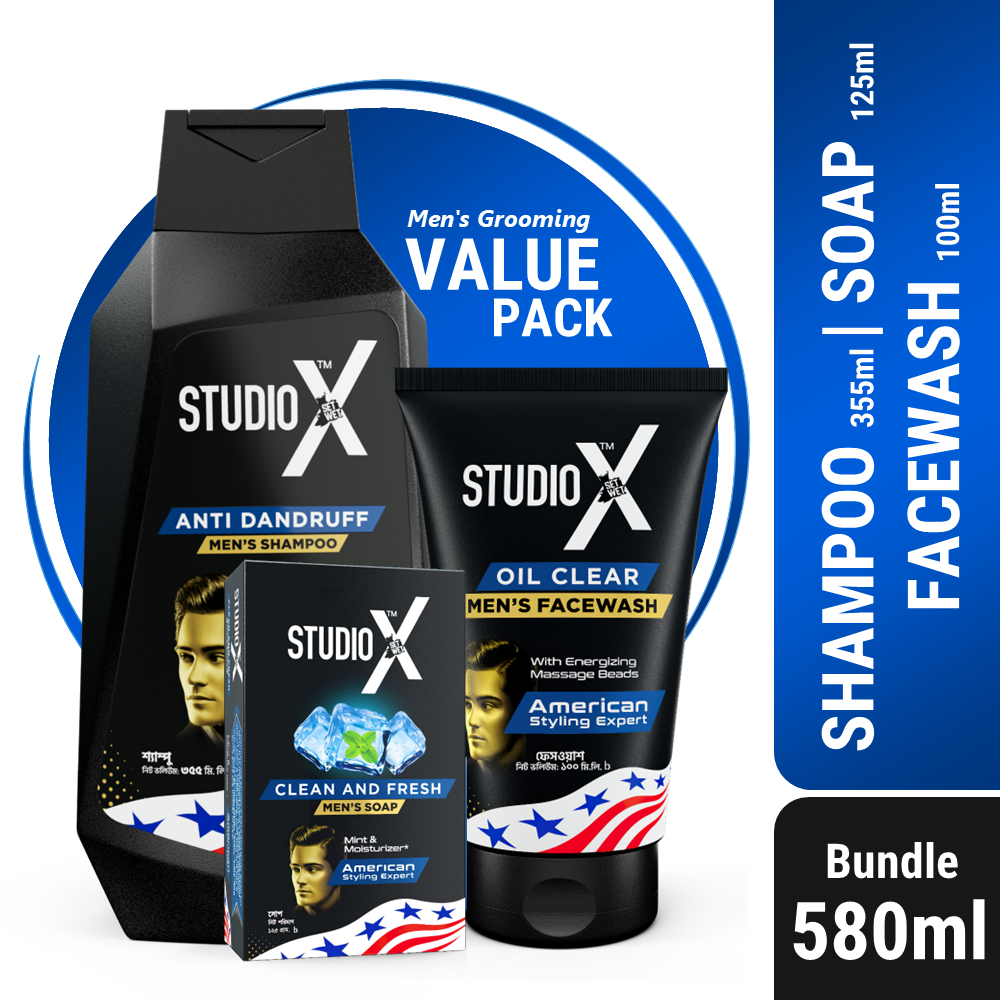 Studio X Men`s Grooming Bundle Pack (Large) - Shampoo 355ml + Facewash 100ml + Soap 125g