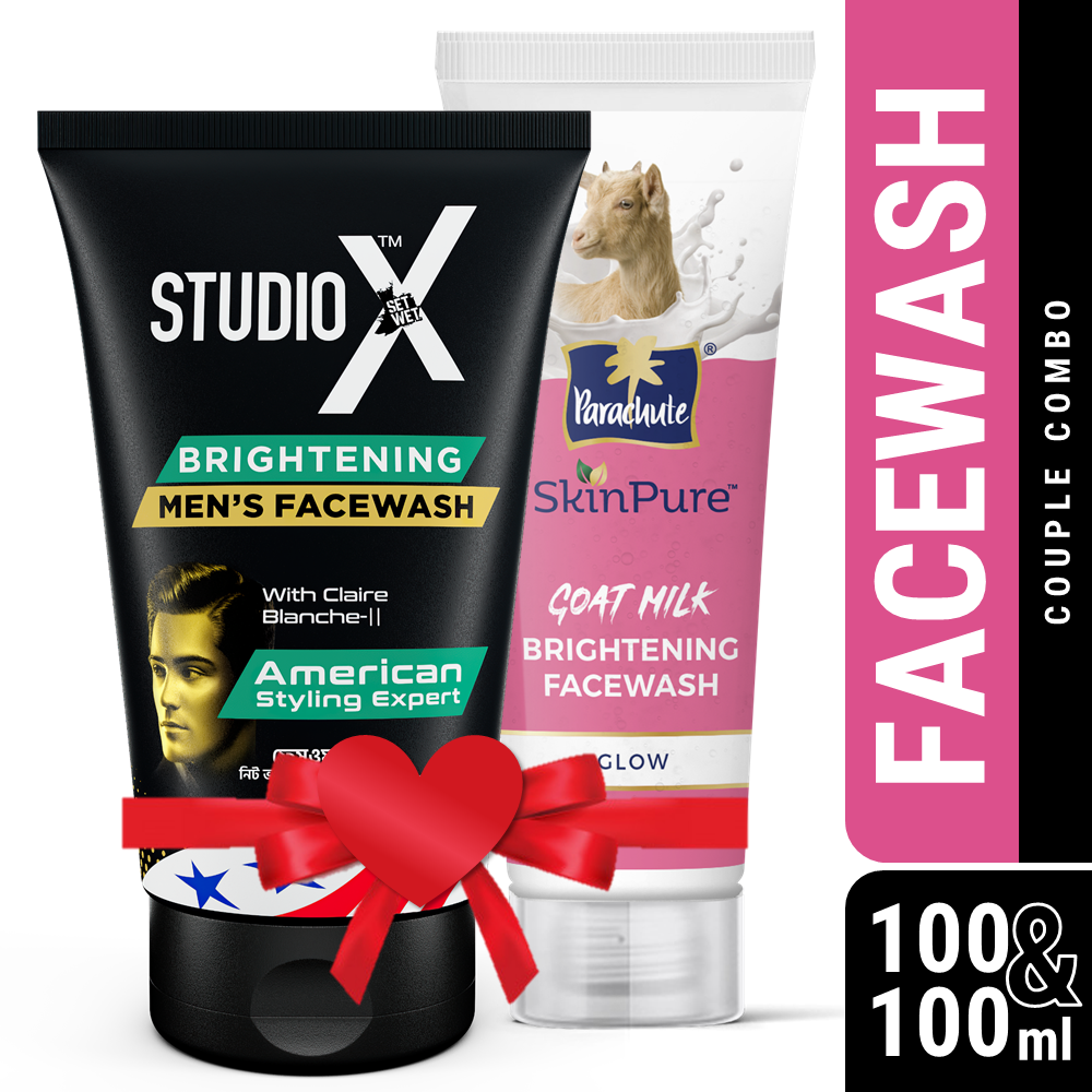 Couple Combo (Face Wash) - Studio X Brightening Facewash for Men 100ml & Parachute SkinPure Goat Milk Brightening Facewash (Glow) 100gm