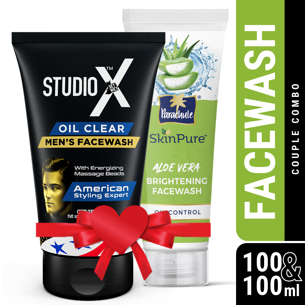 Couple Combo (Face Wash) - Studio X Oil Clear Facewash for Men 100ml & Parachute SkinPure Aloe Vera Brightening Facewash (Oil Control) 100gm