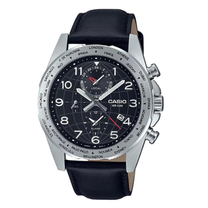 CASIO MTP-W500L-1AVDF MEN`S WORLD TIME BLACK DIAL BLACK LEATHER WATCH